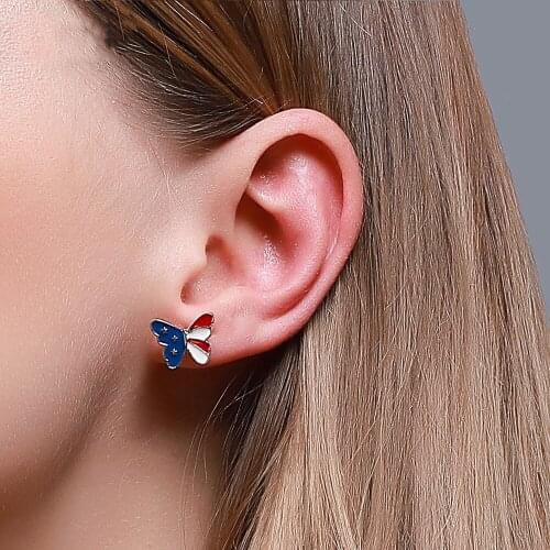 American Flag Three Stars Blue Yellow Red White Butterfly Dragonfly Copper Metal Simple Stud Earrings for Women