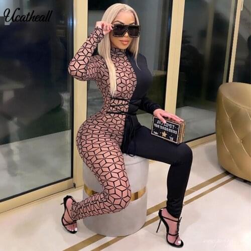 Turtleneck Fashion Sheer Mesh Long Sleeve Bodycon Jumpsuit Women Clubwear Rompers Waits Lace Up Stretchy One Piece Outfit