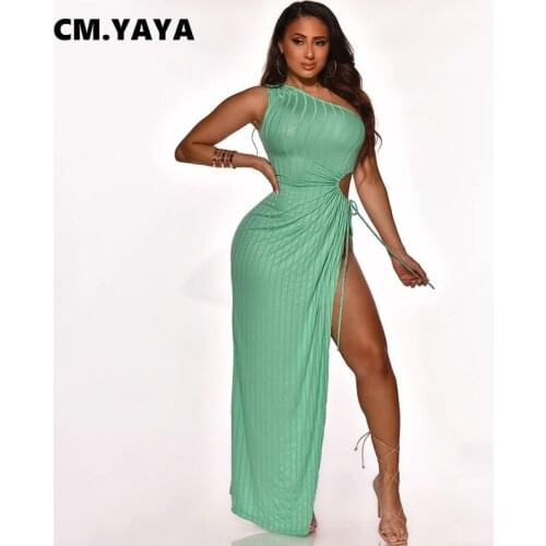 CM.YAYA Women Long Dress Solid One Shoulder Diagonal Collar Shirring Hollow Out Split Maxi Dresses Sexy Night Club Party Outfit