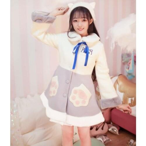Cartoon Women Cosplay Coat Long sleeve Cat Paw Cute Warm Pocket White Jacket Coat Outwear tops