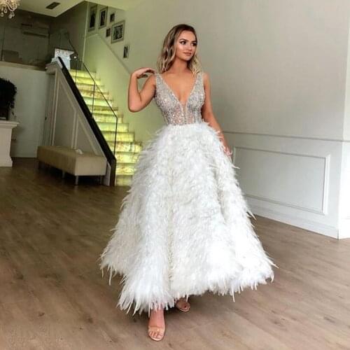 High End White Feather Evening Dresses With Sparkle Crystal Beaded Ankle Length Formal Party Dresses Vintage Prom Gowns