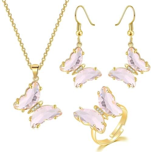 ZHOUYANG Aesthetic Butterfly Jewelry Set For Women Gold Color Pink Crystal Wedding Party Necklace Earring Ring Wholesale S541