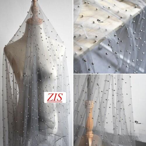 3Y/lot gray mesh lace fabric with beads for wedding dress D009