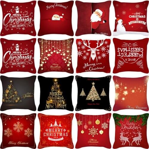 45*45CM Merry Christmas Cushion Cover Red Christmas Tree Santa Claus Snow Pipe Greeting Text Pillow Cover