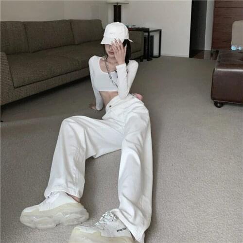 White Jeans Womens High-Waisted Wide-Leg Pants Spring And Autumn 2021 New Korean Loose Straight Drape Mopping Trousers