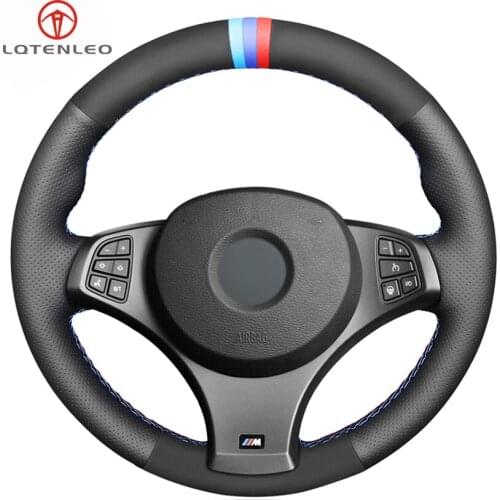 LQTENLEO Black Genuine Leather Suede Hand-stitched Car Steering Wheel Cover For BMW E83 X3 M Sport 2005 2006 2007 2008 2009 2010