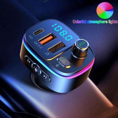 Bluetooth 5.0 FM Transmitter Car MP3 Player LED Ambient Light Wireless FM transmiter with navigation Fast Charger U Disk play
