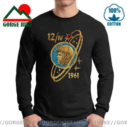 GorgeHike Long Sleeve Creat Your Own T Shirt Russia CCCP Yuri Gagarin 12-4-1961 Cotton T-shirt Cotton Boy OverSize Black T-shirt