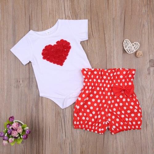 Valentines Day Newborn Infants Summer Two Piece Set Short Sleeve Heart Printing Romper Tops Dot Shorts for Baby Girl