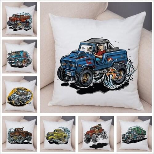 Colorful Cartoon Car Cushion Cover Pillow Case for Sofa Home Decor Truck Printed Super Soft Short Plush Pillowcase 45x45cm