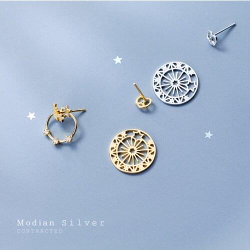 Modian Genuine 925 Sterling Silver Radiant Zircon Star Gold Color Round Disc Hearts Stud Earring for Women Unique Fine Jewelry