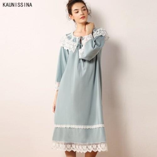 Nightgowns Women Princess Lace Sleepwear Nightdress Three Quarter Patchwork Mid-Calf Autumn Sleepshirts Female Cotton Homewear