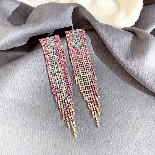 Pink Rhinestone Drop Earrings for Women Shiny Long Tassel Dangle Earrings Statement Earrings Bar Party Jewelry