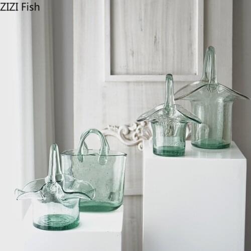 Creative Basket Bag Vase Transparent Hydroponic Glass Vase Living Room Dining Table Art Furnishing Flower Arrangement Home Decor