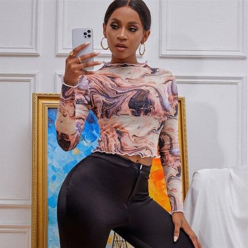 Abstract Print Cropped T-shirts Tops Women Sexy O Neck Long Sleeve Tees 2021 Autumn Club Party Basic Skinny Thin Y2K Clothing