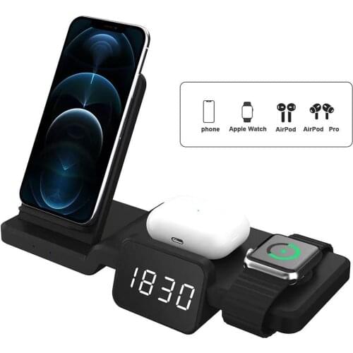 4 in 1 Wireless Fast Charging Vertical Stand With Clock Function Suitable For Iphone 12 11 X Samsung Apple Watch Airpods Pro