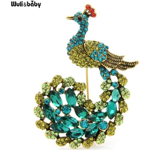 Wuli&baby Sparkling Peacock Brooches Green Rhinestone Peacock Animal Brooch Pin Jewelry Gift