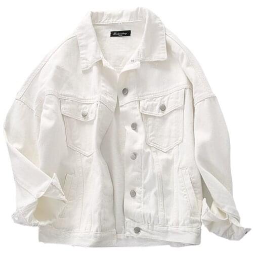 Womens White Denim Jacket Short Loose Spring And Autumn 2021 New Style BF Outwear Ladies Single-Breasted Jeans Coat Female