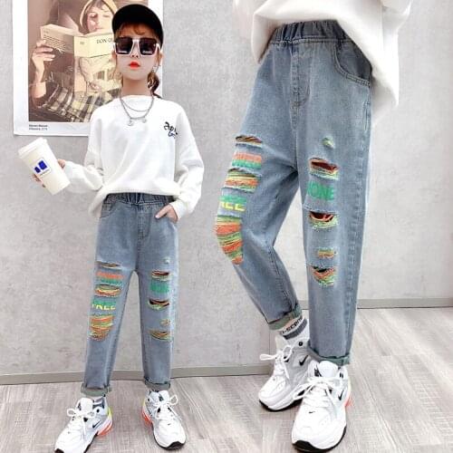 Girl Letter Print Denim Trousers 3-13 Years Old Spring And Autumn Fashion Ripped Jeans Girls Loose Casual Elastic Waist Trousers