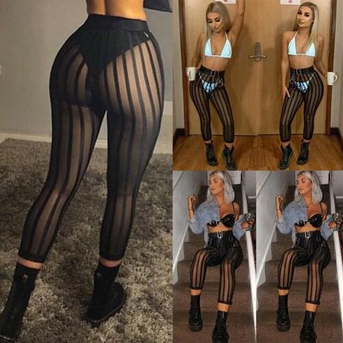 Hot Womens Sexy Stretchy Leggings Long Trousers Striped Solid Black See-through Mesh Ladies Leggings