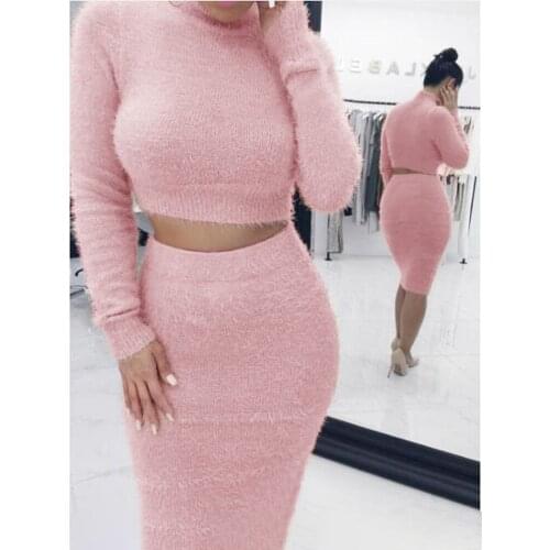 Women Two Piece Set Sweater Dress Long Sleeve Turtleneck Crop Tops Skirt Winter Fashion Solid Pink Knitted Slim Pencil Dresses