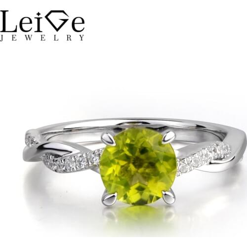 Leige Jewelry Genuine Peridot Gemstone Round Shape Engagement Classic Rings Wedding Bands August Birthstone 925 Silver