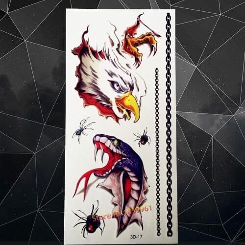 3D Cool Men Body Art Tattoo Stickers A3D-17 3D Eagle Paw Hawk Snake Spider Boys Temporary Flash Tattoo Paste Children Halloween