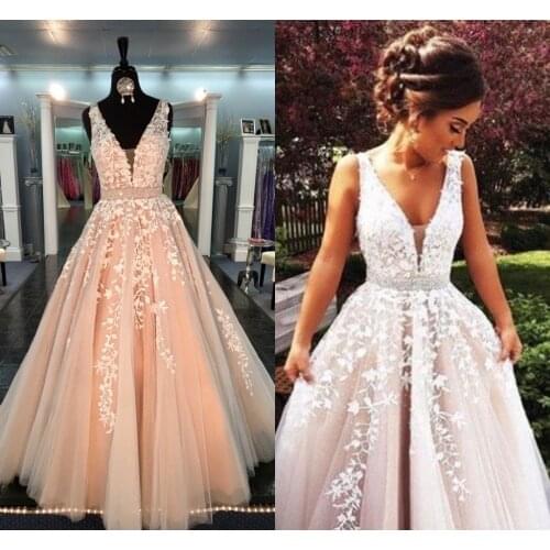 Ball Gown Real Prom Dresses V Neck Appliqued Lace Tulle Floor Length Backless Blush Pink Formal Evening Gowns Vestidos De Fiesta