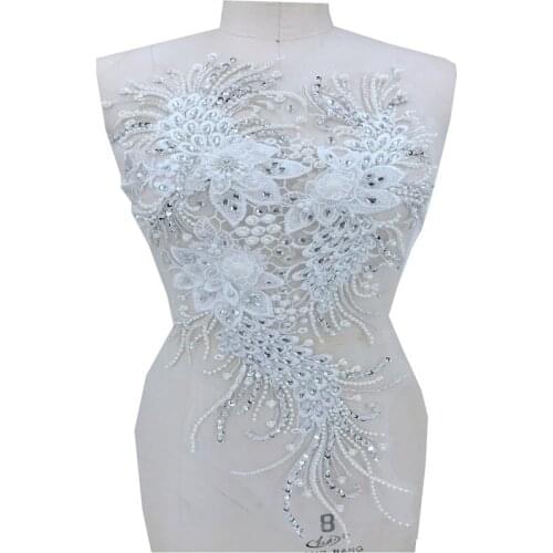 Handmade white Hot drilling Rhinestone pearl lace embroidery patch applique wedding dress bordados DIY Performance clothing