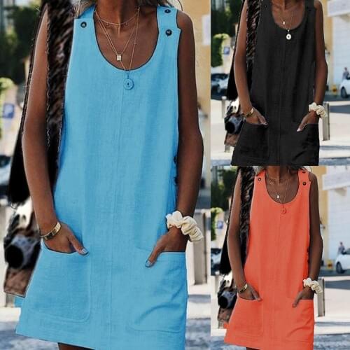 Cotton Linen Dress Flax With Buttons Strap Casual Wear Scoop Neck Dress Loose Sleeveless Plus Size 5xl Women Dress Big Pockets