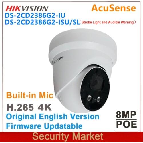 Original Hikvision 8MP DS-2CD2386G2-IU and DS-2CD2386G2-ISU/SL POE IR Built-in Mic AcuSense IPC Fixed Turret Network Camera
