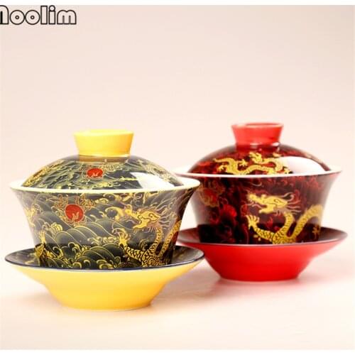 Ceramic Hand Painted Traditional Chinese Gaiwan Office Teapot Creative Dragon Retro Tea Bowls with Cover Kung Fu Drinkware