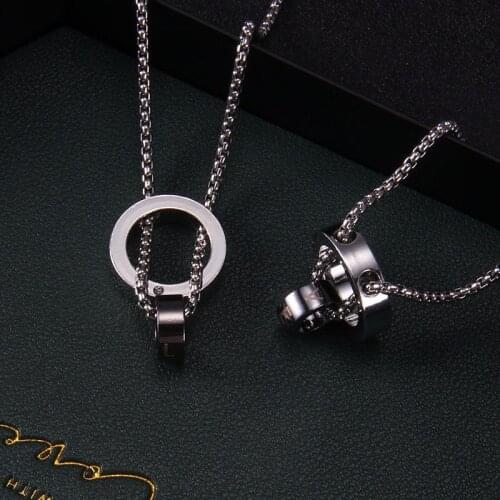 New Fashion Inlaid Imitation Diamond Double Rings Love Letter Necklace For Couple Trendy Ring Pendant Jewelry Accessories