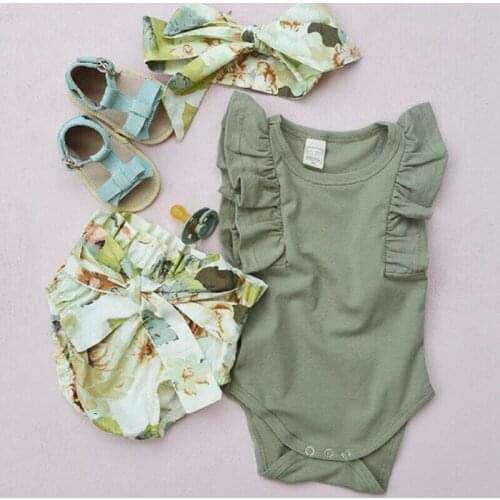3Pcs Newborn Infant Baby Girl Clothes Ruffle Sleeve Romper Floral Bow Shorts Outfit Headband Toddler Cotton Suit