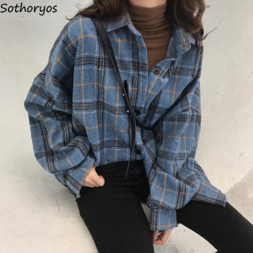 Oversize Jackets Women Korean Chic Plaid Autumn Woolen Long Sleeve Outerwear Couples Ulzzang Baggy Lantern Sleeves Coats Unisex