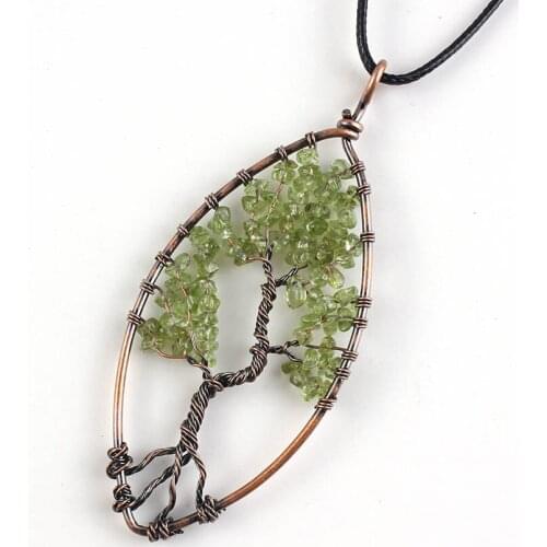 Copper Wire Olivine Stone Marquise Shape Pendant Tree of Life Necklace Tourmaline Jewelry