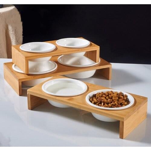 Pet Water Bowl Elevated Stand Ceramic Feeding Bowl Dishes for Small Dog Cats Puppy Bamboo Pet Feed Food Bowls Raised Cat Feeder