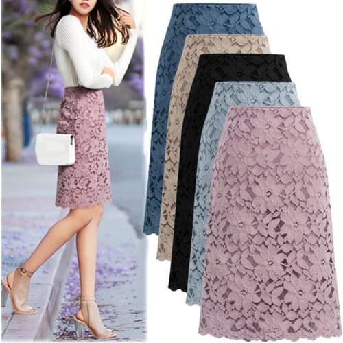 Fashion Women Elegant Skirts hollow out lace Floral Solid Color Zipper Bodycon Knee-length Skirt for female femme