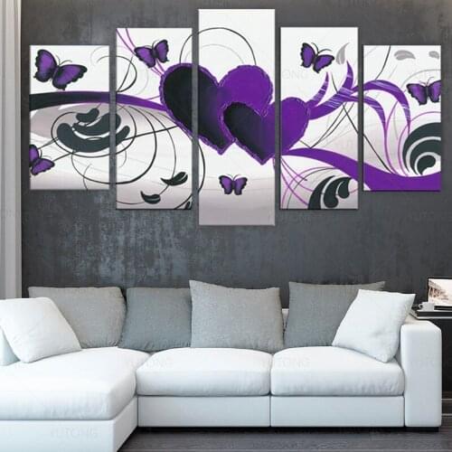 Canvas HD Print Painting Modular Picture 5 Panel Purple Flowers and Butterfly Frame Wall Art Poster Modern Home Decor Living Roo