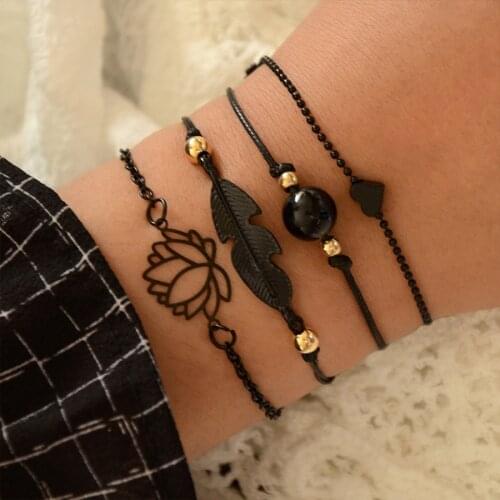 Black Lotus Flower Bracelet set For Women Boho Leaves Beads Heart Geometric Charm Rope Chain Bangle Female Fashion Jewelry Gift