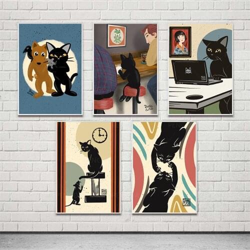 Wall Art Lovely Black Cats Modular Poster Cartoon Animal Home Decor Hd Print Illustration Pictures Canvas Painting For Bedroom