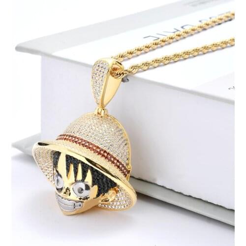 Latest Designs Cartoon One Piece Character Monkey D. Luffy Pendant Necklace Collar Iced Out Cubic Zircon Stone Hiphop Jewelry