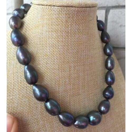 Huge 10-11mm tahitian baroque black green pearl necklace 18inch 14k