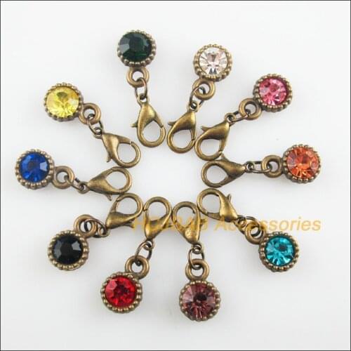 10Pcs Antiqued Bronze Tone Flower Retro Mixed Round Crystal 8.5x13mm With Lobster Claw Clasps Charms