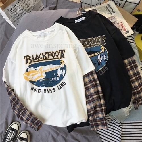 Korean Simple oversized graphic tees Women shirts Ins fashion Long Sleeve Leisure Plaid patchwork t shirt white black tops Blue