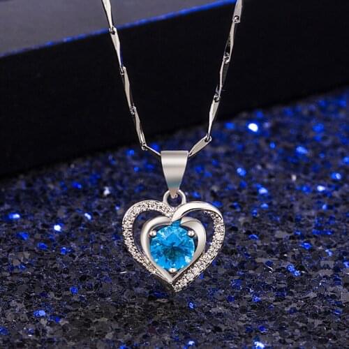Romantic 925 Silver Jewelry Necklace Heart Shape Sapphire Zircon Gemstone Pendant for Women Wedding Promise Party Gift Wholesale