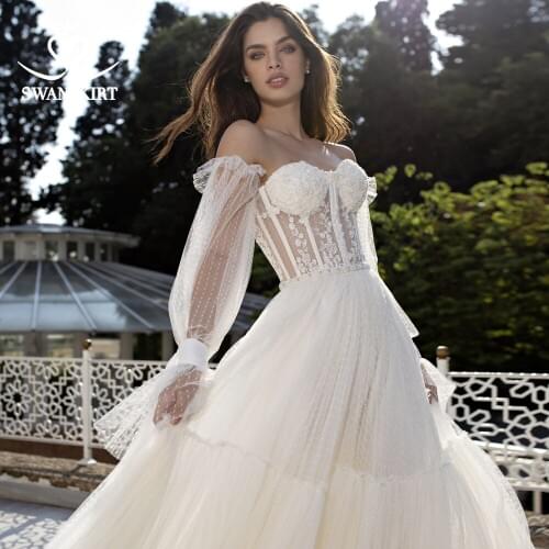 Fairy Flowers Wedding Dress 2021 Puff Sleeve Princess A-Line Appliques Illusion Lace Bride Gown SwanSarah DY06 Vestido De Noiva