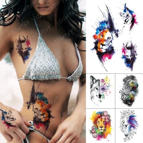 Waterproof Temporary Tattoo Stickers Tiger Fox Cat Wolf Animal Flower Flash Tattoos Woman Body Art Fake Sleeve Tatoo Men