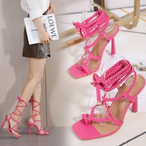 Summer Woven Cross Strap High Heels For Ladies Sexy Party Female Footwear Shoes PU Fabric Peep Toe Fashion Soft Thin Stilettos