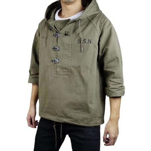 WWII WW2 US Navy USN Uniforms Coat Retro Metal Button Smock Hoodie Jacket Deck Suit Army Green